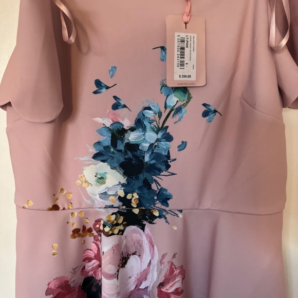NWT Ted Baker Dress Raspbery Bardot Skater  size:5,  light pink,  painted flower - Picture 9 of 11